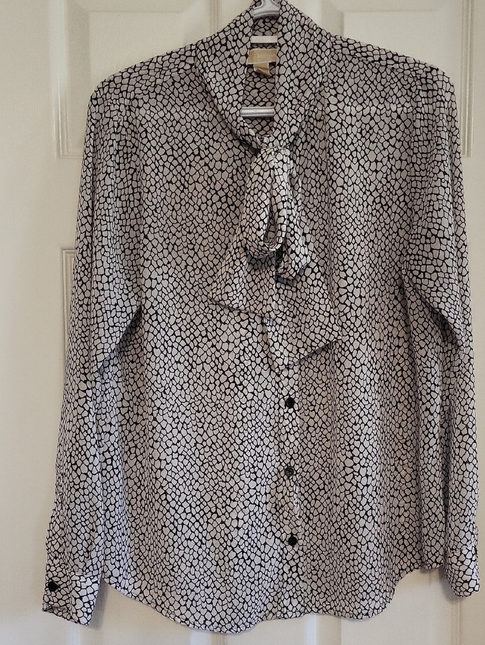 MICHAEL Michael Kors Black and White Printed Button-Down Blouse with Tie Neck